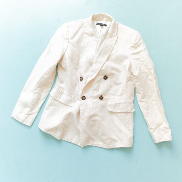 Ann Taylor Off White The Striped Double Breasted Blazer in Linen Cotton Size 6 - Picture 2 of 8